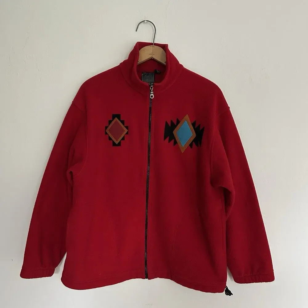 Vintage ARWA Southwestern Bear Art Fleece Jacket USA Full Zip Red Medium 90s